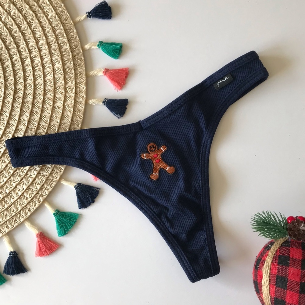 Victoria's Secret PINK Cotton Thong Panty Gingerbread Man Embroidered Small NEW